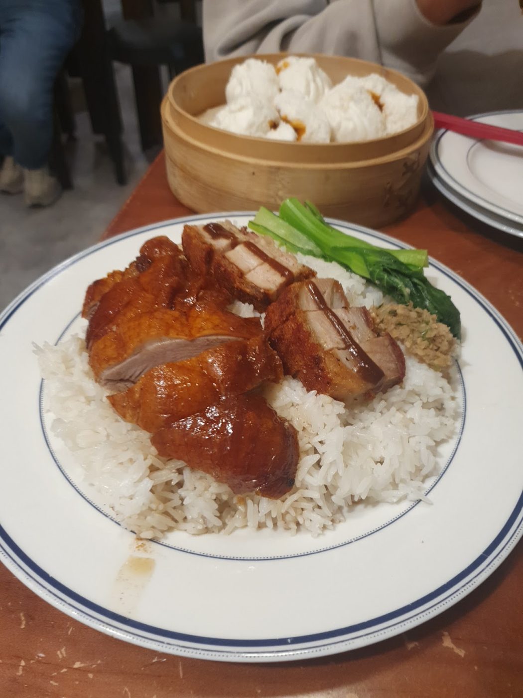 Char siu barbecue pork over rice with steamed greens